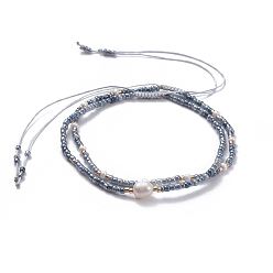 Gray Braided Beaded Bracelets, with Glass Seed Beads, Pearl Bead and Burlap Bags, Gray, 2-1/8 inch(5.5cm), 2pcs/set
