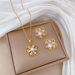 Цветок Латунное микропаве из кубических цирконий с пластиковым жемчугом, подвеска и серьги-гвоздики, колье-цепочка из нержавеющей стали, золотые, цветок, 400 мм