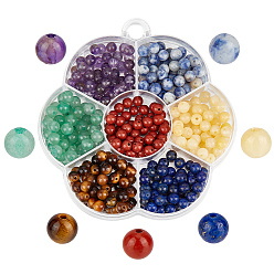 Mixed Stone 350Pcs 7 Styles Natural Amethyst & Lapis Lazuli & Blue Spot Jasper & Green Aventurine & Yellow Tiger Eye & Yellow Jade & Red Jasper Chakra Beads, Round, Mixed Dyed and Undyed, 4~4.5mm, Hole: 0.5~1mm, 50pcs/style