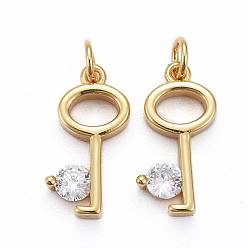 Golden Brass Micro Pave Clear Cubic Zirconia Pendants, Long-Lasting Plated, Key, Golden, 14x5x3.5mm, Jump Ring: 5x0.7mm, Inner Diameter: 3.5mm
