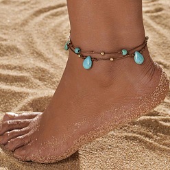 Темно-бирюзовый Браслеты на ногу в стиле бохо-стиль с каплевидной формой, синтетические бирюзовые и круглые пластиковые браслеты с вощеным шнуром, плетеные двухслойные, для женщин, темные бирюзовый, 7-1/8~13-3/4 дюйм (180~350 мм)