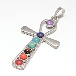 Платина Чакра ювелирные изделия латунь драгоценного камня крест большие подвески, без кадмия, без никеля и без свинца, платина, 55.5x32.5x5 мм, отверстие : 5x7 мм