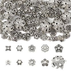 Античное Серебро 100шт 10 стили тибетские колпачки для бусин, цветок, античное серебро, 6~15x2~15 мм, отверстие : 1~2 мм, 10 шт / стиль