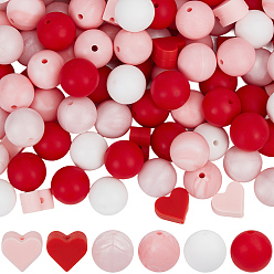 Mixed Color 150Pcs 6 Styles Round & Heart Silicone Beads, Mixed Color, 14~15x14~15mm, Hole: 2mm