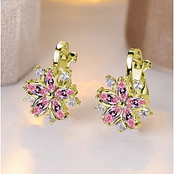 Rose Chaud Boucles d'oreilles à pince en laiton avec micro pavé de zircons cubiques, flocon de neige, or et de lumière, rose chaud, 17.5x12mm