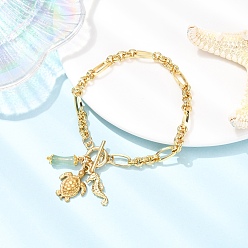 Turtle Браслеты с подвесками из нержавеющей стали и натурального зеленого авантюрина, браслеты из латунной цепочки для женщин, черепаха и морской дом, 7-7/8 дюйм (20 см)