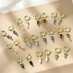 Смешанные камни Серьги-кольца из смешанных натуральных камней, с ионным покрытием (IP) латунные выводы, шестиугольная пирамида, золотые, 32x7 мм