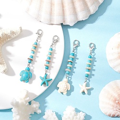 Синтетическая Бирюза Синтетическая бирюзовая морская звезда черепаха подвеска украшения, с бусинами из натуральных пресноводных ракушек и застежками-когтями из цинкового сплава., 60~63 мм, 4 шт / комплект