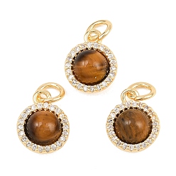 Настоящее золото 18K Круглые подвески из натурального тигрового глаза с латунной микропаве из прозрачных кубических цирконий, реальный 18 k позолоченный, 11x9x6 мм, отверстие : 3 мм