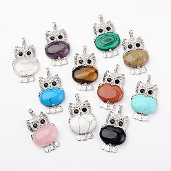Смешанные камни Природные и синтетические смешанные каменные подвески, сова, с латунной фурнитурой , платина, без свинца и без никеля , 45x25x8 мм, отверстие : 4x6 мм