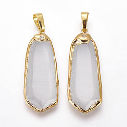 Светло-серый Латунные подвески, с кошачий глаз, горный хрусталь, слеза, золотые, светло-серый, 39~40x15~16x4.5~5 мм, отверстие : 5 мм