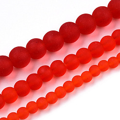 Red Transparent Glass Beads Strands, Frosted, Round, Red, 8~8.5mm, Hole: 1.5mm, about 51~53pcs/strand, 14.96 inch~15.55 inch(38~39.7cm)