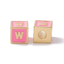 Letter W Стойки покрытие латунь эмаль бисер, без кадмия, без никеля и без свинца, реальный 18 k позолоченный, куб с письмом, розовый жемчуг, буква.w, 6x6x6 мм, отверстие : 2.5 мм