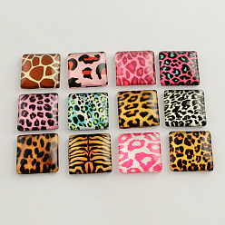 Mixed Color Square Printed Glass Square Cabochons,, with Leopard Print Design, Mixed Color, 10x10x4mm