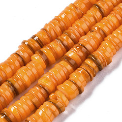 Coral Natural Freshwater Shell Beads Strands, Dyed, Flat Round/Disc, Heishi Beads, Coral, 6x6x1~2.5mm, Hole: 1mm, about 201~208pcs/strand, 15.20~15.43 inch(38.6~39.2cm)