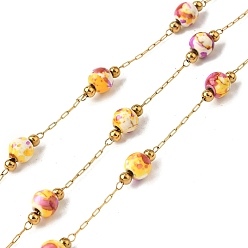 Оранжевый 304 из нержавеющей стальной шарик цепочки, с фарфором, пайки, с катушкой, реальный 18 k позолоченный, оранжевые, 2.5x1x0.3 мм