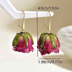 Red Brass Resin Dangle Earrings for Women, Flower, Inside Dried Flower, Golden, Red, 35x18.4mm