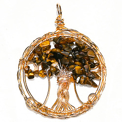 Тигровый глаз Естественно тигровый глаз большие кулоны, медная проволока, обернутая в плоском виде, с подвесками в виде деревьев, 50 мм