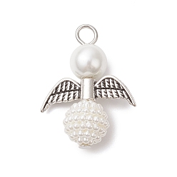 Античный Серебристый & Платиновый 50шт. подвески из искусственного акрилового жемчуга и стеклянного жемчуга, с бусинами сплава, ангельские прелести, старинное серебро и платина, 27.5x21x10 мм, отверстие : 3 мм