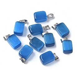 Стально-синий Подвески кошачий глаз, с 201 фурнитурой из нержавеющей стали, прямоугольные, цвет нержавеющей стали, стальной синий, 20x12x9 мм, отверстие : 7x4 мм