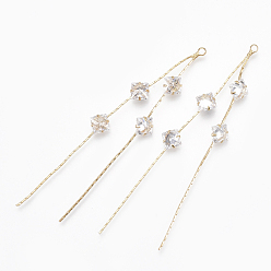 Настоящее золото 18K Латунные подвески с кисточками, реальный 18 k позолоченный, с кубического циркония, прозрачные, 72 мм, отверстие : 1.2 мм