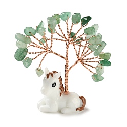 Зеленый Авантюрин Натуральные зеленые авантюриновые чипсы дерево жизни украшения, Подставка для лошади из смолы с медной проволокой, подарок в стиле фэн-шуй для украшения рабочего стола дома или в офисе, 67~73x19.5~20x68~73 мм