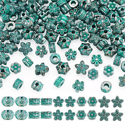 Antique Bronze & Blue Patina 100Pcs 5 Styles Tibetan Style Alloy Beads, Antique Bronze & Blue Patina, 6~8.5x6~7.5x3.5~6mm, Hole: 1.2~2.5mm, 20pcs/style