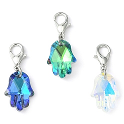 Mixed Color Hamsa Hand/Hand of Miriam Glass Pendant Decoration, with Zinc Alloy Lobster Claw Clasps, Mixed Color, 34mm