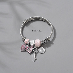 Pink Регулируемые европейские браслеты из нержавеющей стали, браслеты с подвесками для женщин, bowknot & key, со сплавом, стразами и эмалью, розовые, внутренний диаметр: 2-1/8 дюйм (5.5 см)