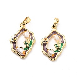Настоящее золото 18K Латунь эмаль подвески, с натуральным пресноводным жемчугом и акрилом, нерегулярные с цветочными подвесками, без кадмия, без никеля и без свинца, реальный 18 k позолоченный, 21x15x4.5 мм, отверстие : 4x3 мм