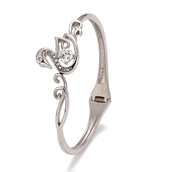 Stainless Steel Color Crystal Rhinestone Swan Cuff Bangle, Hinged Open Bangle for Women, Stainless Steel Color, Inner Diameter: 2-1/4 inch(5.65cm)