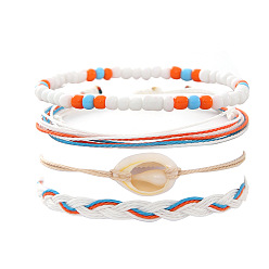 Белый 4шт. набор браслетов из плетеных бусин из смолы, натуральных ракушек и вощеного шнура в форме ракушки, белые, 11 дюйм (28 см)