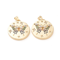 Real 18K Gold Plated Brass Micro Pave Cubic Zirconia Pendants, Long-Lasting Plated, Flat Round with Butterfly, Real 18K Gold Plated, Colorful 24x4mm, Hole: 3x4mm