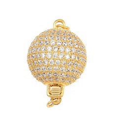 Real 18K Gold Plated Brass Micro Pave Clear Cubic Zirconia Box Clasps, Round, Lead Free & Cadmium Free, Rack Plating, Long-Lasting Plated, Real 18K Gold Plated, 23x16mm, Hole: 2mm