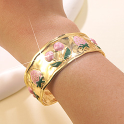 Золотой 304 эмалированные браслеты-манжеты из нержавеющей стали для женщин, вишня и клубника, розовый жемчуг, золотые, внутренний диаметр: 2 дюйм (5.1 см)