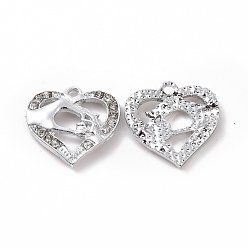 Platinum Alloy Pendants, with Crystal Rhinestone, Hand Heart Charm, Platinum, 16.5x17x2.5mm, Hole: 1.8mm