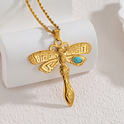 Dragonfly 304 Подвески из нержавеющей стали с синтетической бирюзой для женщин в стиле бохо, золотые, стрекоза, 17.72 дюйм (45 см), кулон: 4.7x4.6 см