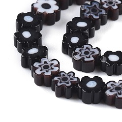Black Handmade Millefiori Glass Bead Strands, Flower, Black, 4~7.2x2.6mm, Hole: 1mm, about 60~69pcs/Strand, 16 inch(40cm)