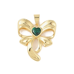 Grün Messing Glas-Anhänger, golden, Bowknot Charms, grün, 36x33x7 mm, Bohrung: 7.5x5 mm