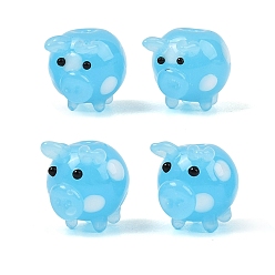 Blue Handmade Bumpy Lampwork Beads, Pig with Polka Dot Pattern, Blue, 12x14x14mm, Hole: 1.8mm