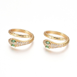 Golden Brass Micro Pave Cubic Zirconia Cuff Rings, Open Rings, Long-Lasting Plated, Snake, Green & Clear, Golden, US Size 6(16.5mm)