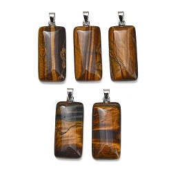 Œil De Tigre Pendentifs en oeil de tigre naturelles, charme rectangle, avec 304 mousqueton en acier inoxydable sur les balles, couleur inox, 44~45x19~20x8~9mm, Trou: 7.5x4mm