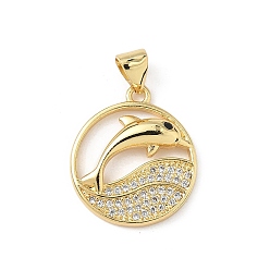 Dolphin Латунные микро проложить кубического циркония подвески, без кадмия и без свинца, реальный 16 k позолоченный, дельфин, 20x17.5x4 мм, отверстие : 5x3 мм