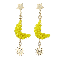Yellow Glass Seed Beaded Dangle Stud Earrings for Women, Moon with Sun and Star, Golden, Yellow, 64x19mm