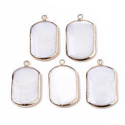 Seashell Color Natural Freshwater Shell Pendants, with Brass Loops, Edge Golden Plated, Rounded Rectangle, Seashell Color, 28~29x16~17x3~4mm, Hole: 1.8mm