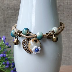 Небесно-голубой Регулируемые фарфоровые бусины-цветы ручной работы плетеные браслеты из бусин, браслеты с подвесками в виде листьев из сплава для женщин, голубой, 7-1/8 дюйм (18 см)