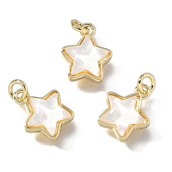 Настоящее золото 18K Латунь прелести, звезда со стеклом и блестящей пудрой, долгоиграющий, без свинца и без кадмия, белые, реальный 18 k позолоченный, 11x9x4 мм, отверстие : 2 мм