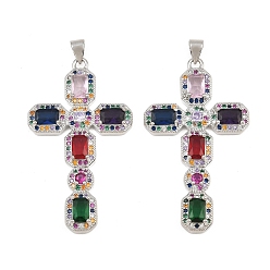 Colorful Brass Micro Pave Cubic Zirconia Pendants, Octagon Shaped Cross Charms, Cadmium Free & Lead Free, Platinum, Colorful, 45.5x26x4.5mm, Hole: 5mm