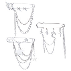 Платина 3 шт. 3 стили булавка со стразами в виде звезды и луны, брошь-цепочка для одежды, рюкзака, платина, 15.5~94.5x69~70 мм, 1 шт / стиль