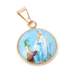 Mixed Color Virgin Mary Theme Glass Pendants, with 201 Stainless Steel Findings, Flat Round, Golden, Mixed Color, 26.5x22x6.5mm, Hole: 6x4mm